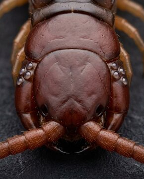 Macro portrait of centipede head showing antennae and ocelli
