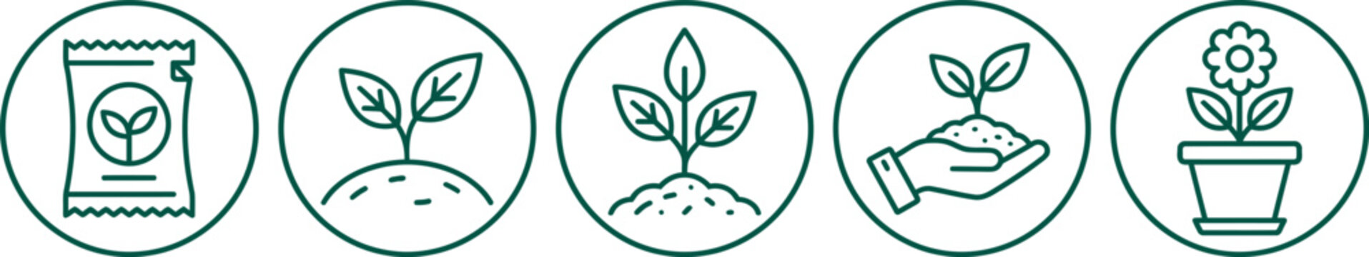 Sustainable gardening icons with seed packets sprouts and plants