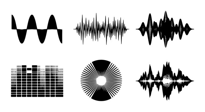 Collection of six different black sound wave and audio visualization graphics on white background Vector