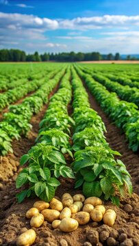Large potato plants in a field with multiple rows of vegetables