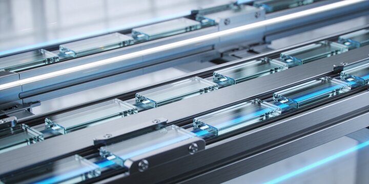 Transparent Glass Modules On Brushed Metal Release Rails With Blue Light For Industrial Automation Technology Header Background