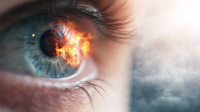 Human eye with a fiery explosion reflecting in the iris, representing strong inner emotion, intensity, and a surreal concept of burning vision