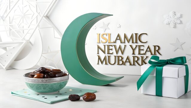 Islamic new year mubark greeting with green crescent and gift box crescent celebration religion tradition background greeting decoration ornament minimalist blessing community spiritual
