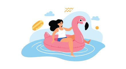 Fototapeta premium Happy woman relaxing on a large pink flamingo inflatable float in a swimming pool on a sunny summer day for vacation themes.