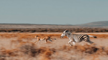 Fototapeta premium Zebra running from a cheetah during a high speed chase. Embodying themes of survival and natural competition in dry savanna