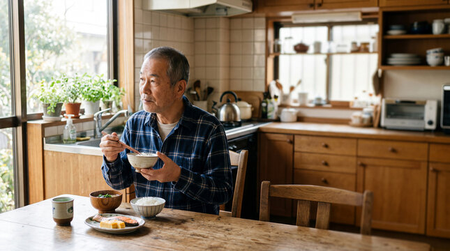 一人暮らしの朝を過ごすシニア男性