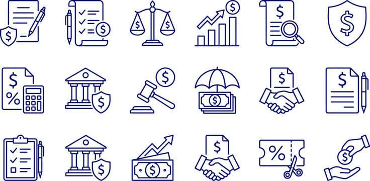 Financial services line icons set investment banking insurance legal and economic concepts