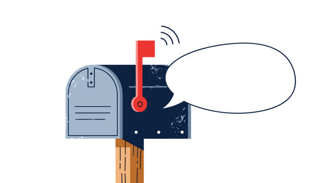 Classic blue metal mailbox on a wooden post features an empty white speech bubble for customized text and messages on white.