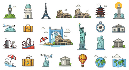 Collection of famous travel landmarks and vacation icons flat design. © GearUp