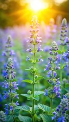 Fototapeta premium A lush green catmint plant in full bloom with vibrant blue flowers and delicate leaves against a warm summer sun background