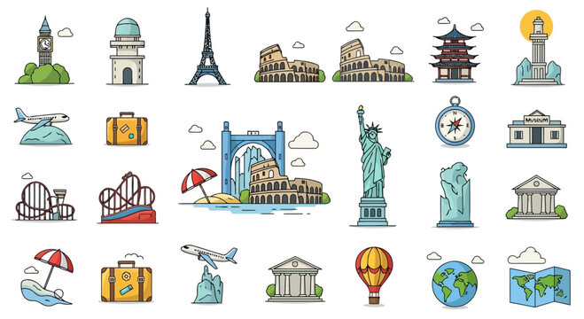 Collection of famous travel landmarks and vacation icons flat design.