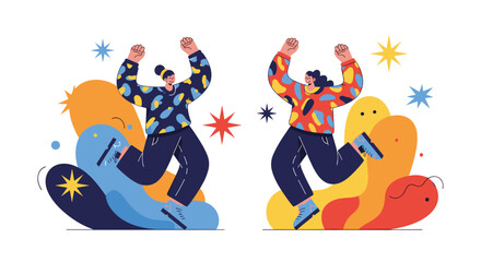 Naklejka premium Two expressive young women wearing patterned sweaters jumping with excitement and joy against a colorful abstract background.
