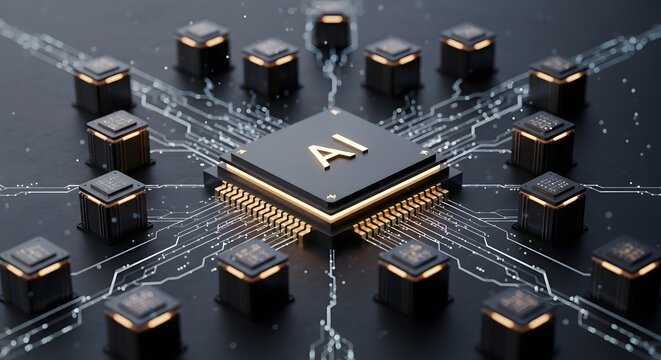 Central processing unit chip on electronic circuit board with golden connectors and futuristic technology design