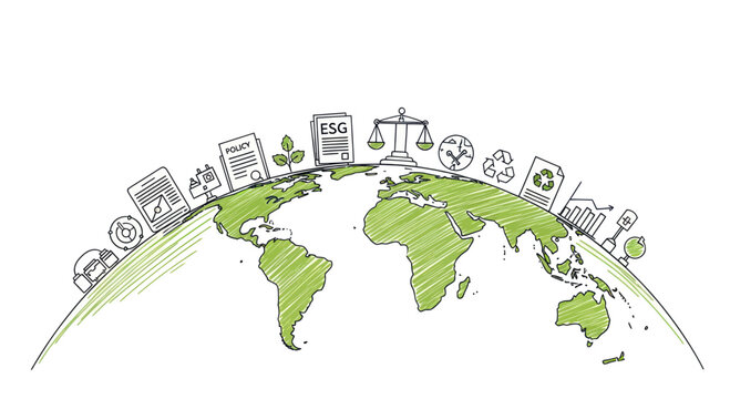 Global ESG concept with world map and sustainability icons.