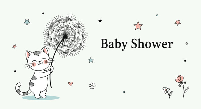 Adorable kitten holding a large dandelion clock in a baby shower invitation theme with stars and flowers on a soft green background.
