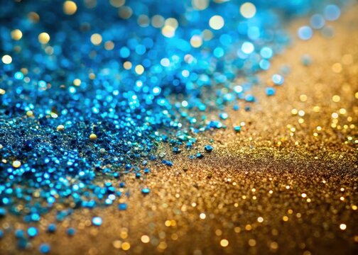 Glittering blue glitter dust scattered on a luxurious gold background