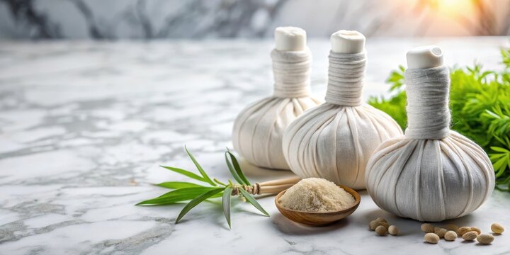 Soothing herbal compress balls on a marble surface