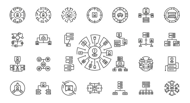 Central hub with radiating lines and icons illustrating information or data flow.
