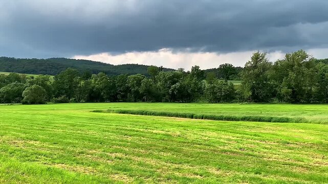 A countryside scene before a storm.
