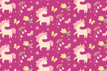Obraz premium Cute unicorn floral seamless pattern swatch available in swatches panel magical pony butterflies stars fantasy nursery background