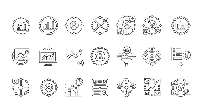 Business analytics and team management icons in a circular layout.