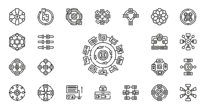 Circular flow chart with connected nodes and icons representing different processes and data.