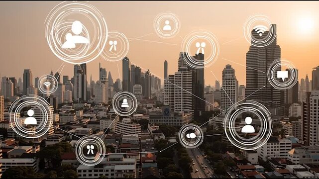Social media fo city and Smart digital Innovation city with connection network reciprocity over the cityscape. of future smart wireless city and social media networking systems that connects business