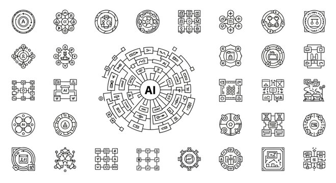 AI and machine learning circular icons representing artificial intelligence concepts and algorithms.