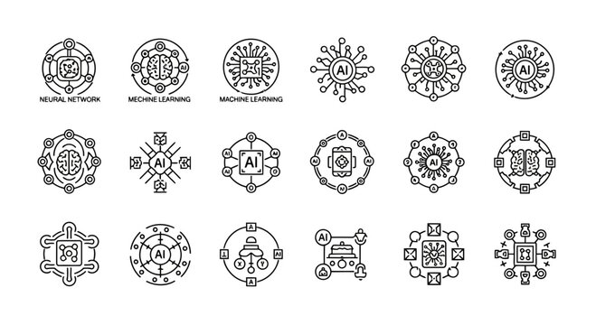 Neural network and machine learning circular graphics symbolizing AI and data processing.