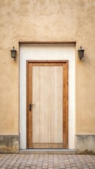 Fototapeta premium Empty billboard on a light beige exterior wall with a wooden entry door