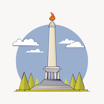 Monumen Nasional (Monas) illustration with flame and clouds
