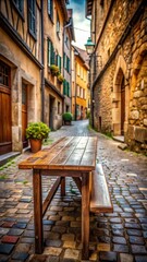 Fototapeta premium Wooden table in medieval street scene