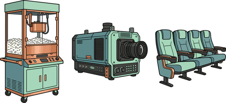 Cinema icons set including popcorn machine movie projector and theater seats flat vector illustration for entertainment concepts