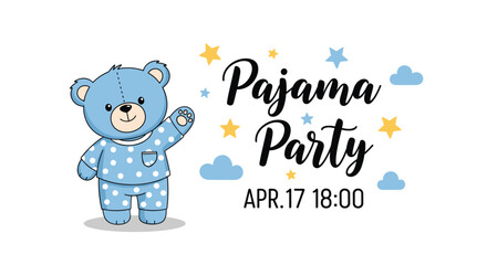 Fototapeta premium Cute blue teddy bear wearing polka dot pajamas waving a hand for a fun pajama party invitation card announcement.