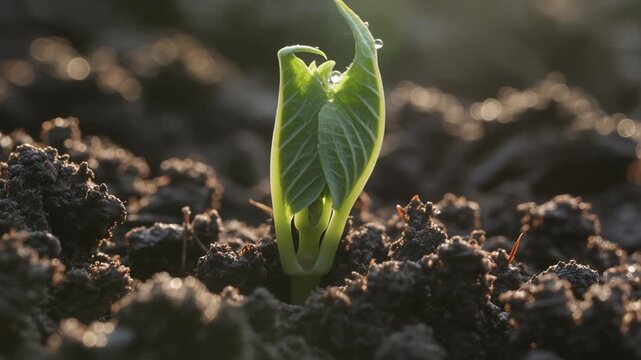 Slow motion close up of green plant seedling emerging from rich dark soil with morning dew drops on leaves and warm sunlight rays