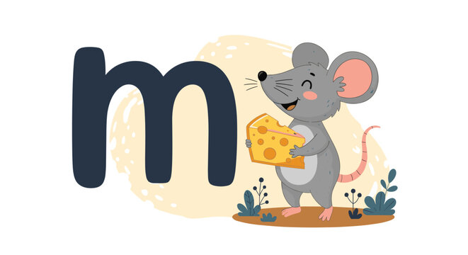 Small gray mouse holding a piece of yellow cheese next to a large dark blue letter M in a fun learning context.