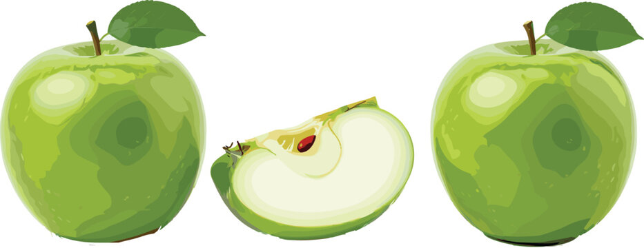 Fresh Green Apple Vector Set with Whole Granny Smith Fruits, Leaves, and a Sliced Wedge with Seeds for Healthy Juice Packaging and Organic Grocery Banners