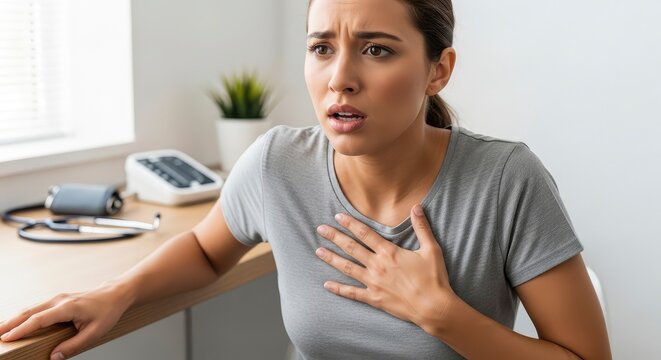 Young Woman Clutching Her Chest and Experiencing Pain and Distress in a Medical Clinic, Symptoms of Heart Attack or Panic Attack