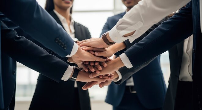Professional Business Team Stacking Hands Together in Office for Unity and Collaboration Concept