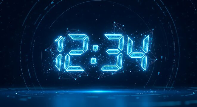 Glowing blue digital clock, displaying 1234, set against a dark, futuristic background