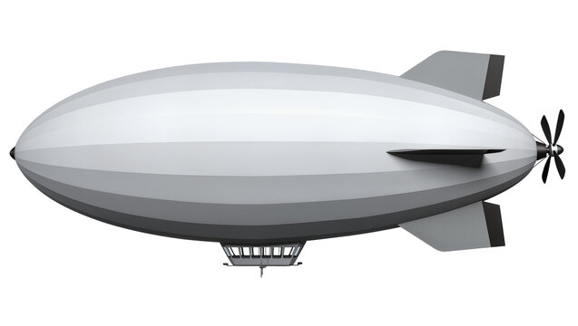 Silver blimp airship with gondola and propellers
