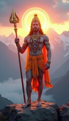 Naklejka premium God Shiva stands on mountain top holding trident staff, sun halo above. Divine being wears orange dhoti, chest adornments. Majestic Hindu deity poses against twilight sky.