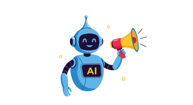 Friendly blue robot holding a megaphone with an AI logo on its chest representing artificial intelligence announcements.
