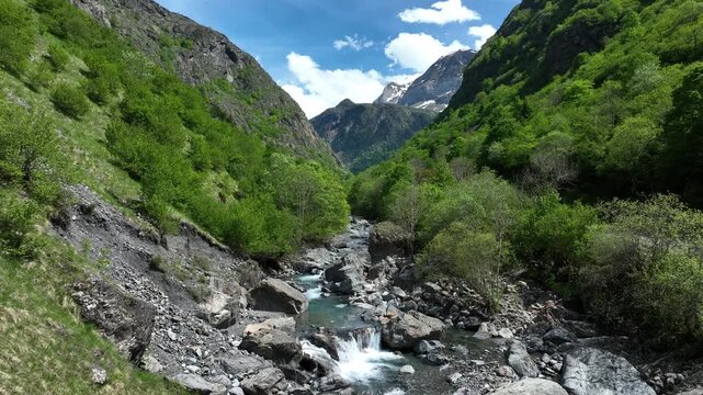 Rocky mountain stream cascading through steep green Pyrenees valley below snowy peak