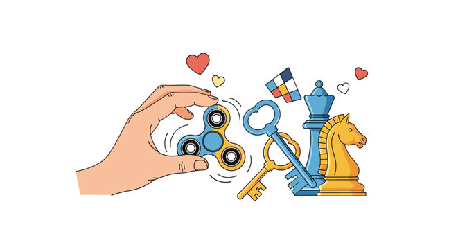 Hand playing with a blue fidget spinner surrounded by various leisure items like chess pieces keys and a checkered flag.
