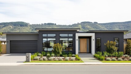 Fototapeta premium Modern black suburban house with flat roof and landscaping.