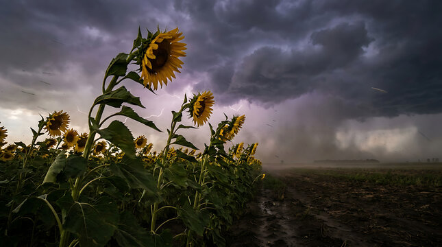 A dramatic field of sunflowers under a dark and ominous stormy sky with lightning