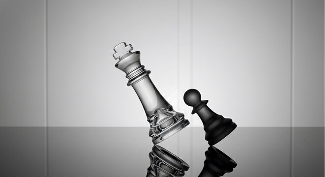 A small black pawn defeating a giant glass king on a reflective surface. Powerful concept for underdog victory, business disruption, and strategy. Perfect for corporate success themes.