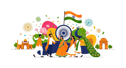 Fototapeta premium Celebration of Indian Independence Day with Diverse Cultural Performers and Festive Decorations.
