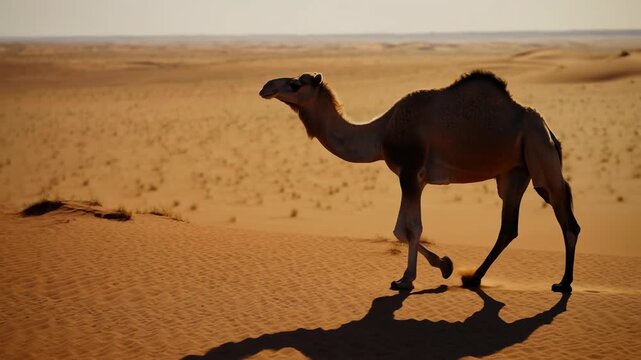 Tracking shot of dromedary camel walking across golden sand dunes in desert at warm sunset light
